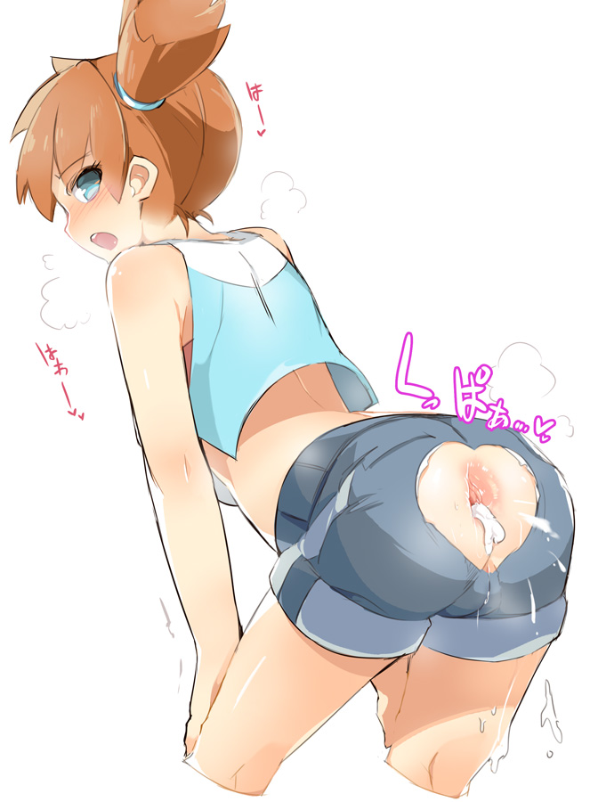 after_anal anus aqua_eyes arm_support ass ass_cutout bare_arms bare_shoulders blue_shorts blush cameltoe crop_top crop_top_overhang cropped_legs cum cum_in_ass cumdrip d: denim denim_shorts from_behind gaping gym_leader heart heart_cutout heavy_breathing kasumi_(pokemon) leaning_forward looking_back midriff naik nose_blush open_mouth orange_hair pokemon pokemon_(game) pokemon_lgpe short_hair short_ponytail short_shorts shorts simple_background sleeveless solo translated white_background