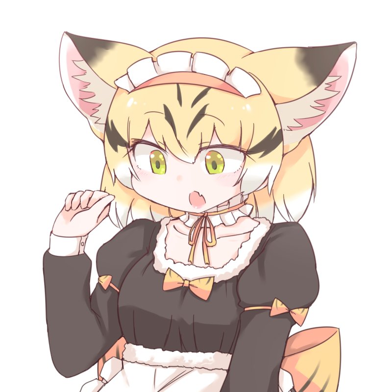 :o adapted_costume alternate_costume animal_ears back_bow blonde_hair bow cat_ears commentary enmaided eyebrows_visible_through_hair fang fur_trim juliet_sleeves kemono_friends long_sleeves mahe_(hammerdskd) maid maid_dress maid_headdress multicolored_hair neck_ribbon open_mouth puffy_sleeves ribbon sand_cat_(kemono_friends) short_hair solo yellow_eyes