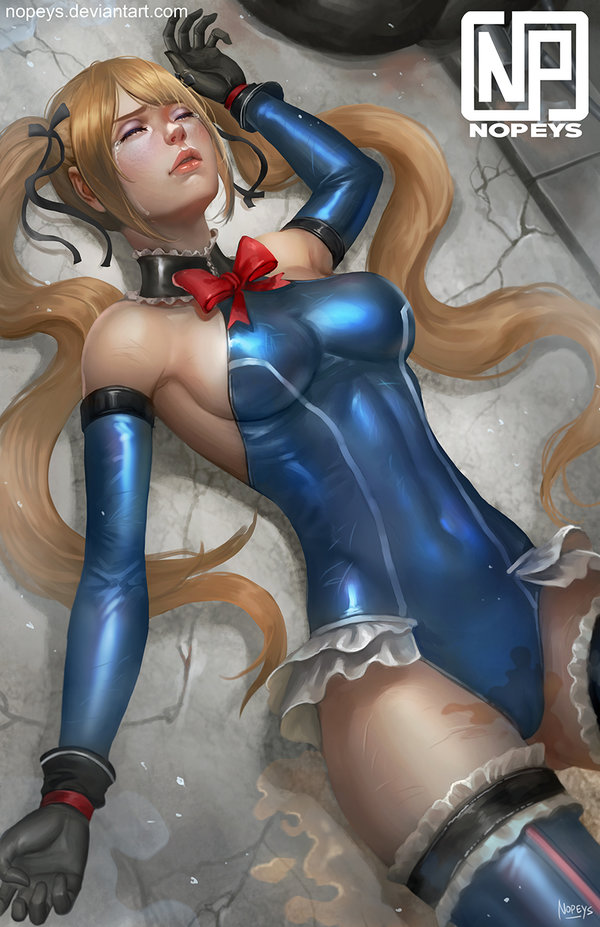 1girl artist_logo bare_shoulders black_ribbon blonde_hair blue_legwear breasts covered_navel dead_or_alive dead_or_alive_5 detached_sleeves deviantart_username eyes_closed frilled_leotard frills hair_ribbon leotard long_hair lying marie_rose norman_de_mesa on_back peeing ribbon signature skin_tight small_breasts solo tears thighhighs twintails