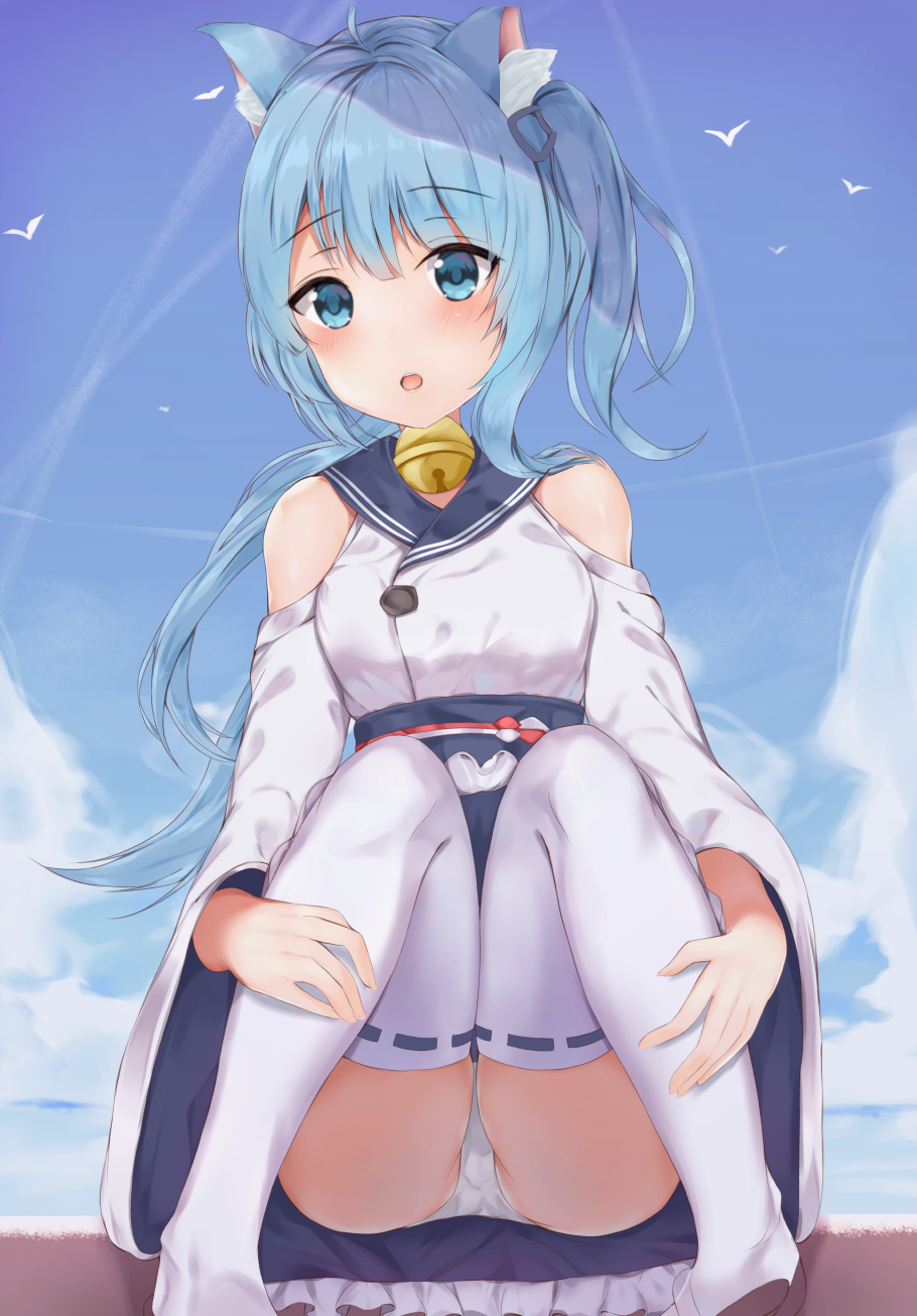 :o animal_ears asashio_(azur_lane) azur_lane bangs bell blue_eyes blue_hair blue_sailor_collar blue_sky blush cat_ears cloud commentary day eyebrows_visible_through_hair frills hair_between_eyes highres houraku japanese_clothes jingle_bell kimono knees_together_feet_apart long_hair long_sleeves looking_at_viewer obi one_side_up outdoors panties parted_lips pigeon-toed ribbon-trimmed_legwear ribbon_trim round_teeth sailor_collar sash sitting sky solo teeth thighhighs underwear upper_teeth very_long_hair white_kimono white_legwear white_panties wide_sleeves