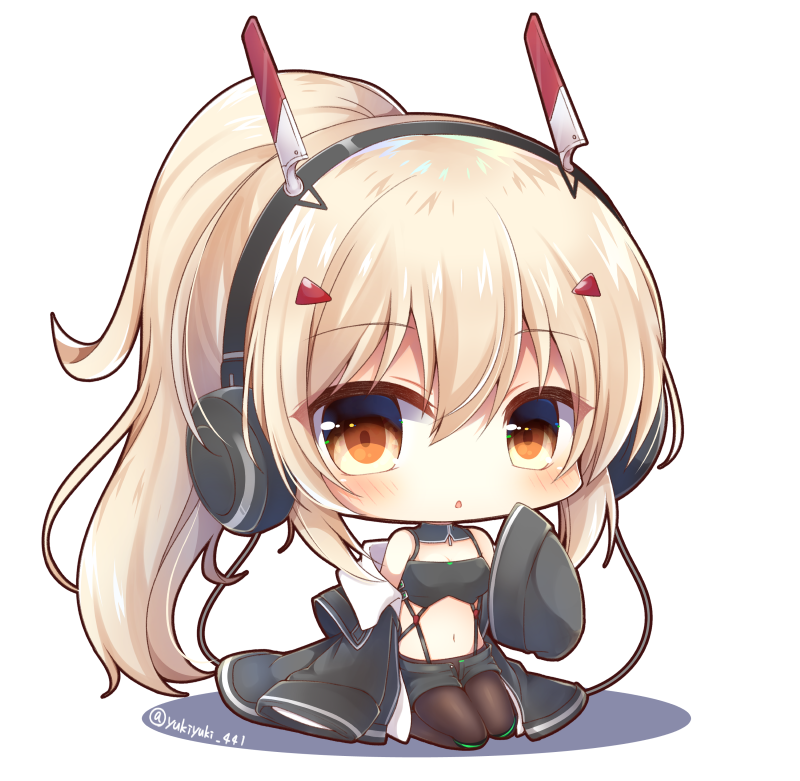 ayanami_(azur_lane) azur_lane bangs bare_shoulders black_jacket black_legwear black_shorts blush breasts brown_eyes chibi cleavage commentary crop_top eyebrows_visible_through_hair full_body hair_between_eyes hair_ornament hairclip hand_up headgear headphones high_ponytail jacket light_brown_hair long_hair looking_at_viewer navel off_shoulder open_clothes open_jacket pantyhose parted_lips ponytail seiza short_shorts shorts sitting sleeves_past_fingers sleeves_past_wrists small_breasts solo twitter_username very_long_hair white_background wide_sleeves yukiyuki_441