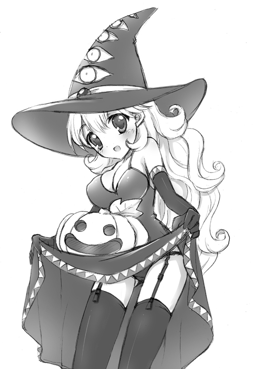breasts cleavage commentary_request curly_hair dragon_quest dragon_quest_ii dress garter_straps halloween hat kichijou_agata large_breasts long_hair looking_at_viewer monochrome open_mouth panties princess princess_of_moonbrook pumpkin skirt skirt_lift slime_(dragon_quest) solo underwear witch_hat