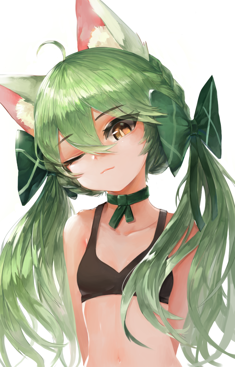 ahoge alternate_costume animal_ear_fluff animal_ears art556_(girls_frontline) bangs bare_shoulders bikini black_bikini blush bow breasts brown_eyes choker closed_mouth collarbone commentary_request dokomon eyebrows_visible_through_hair eyes_visible_through_hair girls_frontline green_bow green_hair hair_between_eyes hair_bow half-closed_eye head_tilt highres korean_commentary long_hair looking_at_viewer navel one_eye_closed sidelocks simple_background small_breasts smile solo stomach swimsuit twintails upper_body very_long_hair white_background