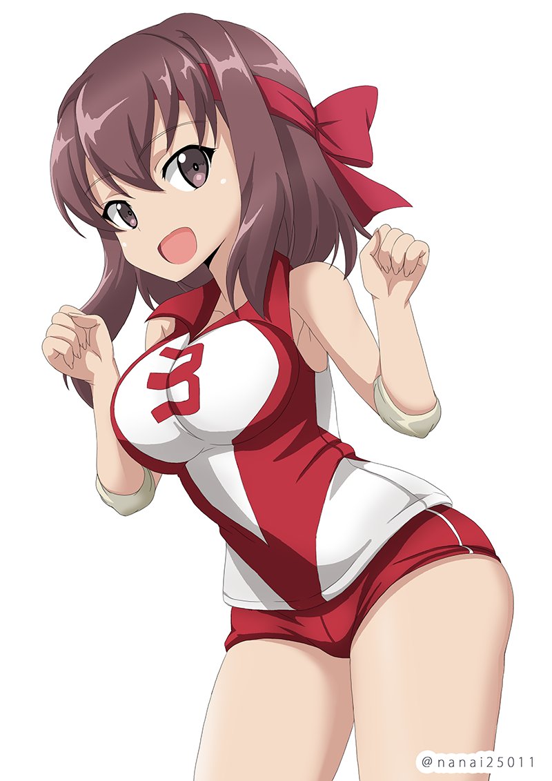 :d bangs brown_eyes brown_hair clenched_hands commentary cowboy_shot elbow_pads eyebrows_visible_through_hair girls_und_panzer headband kondou_taeko leaning_forward looking_at_viewer open_mouth red_headband red_shirt red_shorts shibagami shirt short_hair short_shorts shorts simple_background sleeveless sleeveless_shirt smile solo sportswear standing twitter_username volleyball_uniform w_arms white_background