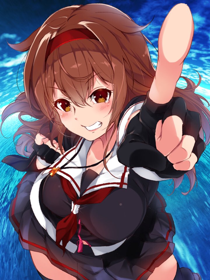 black_gloves black_legwear black_serafuku blue_sky blush breasts brown_eyes brown_hair cloud cloudy_sky commentary_request crying crying_with_eyes_open day eyebrows_visible_through_hair fisheye from_above gloves grin hair_between_eyes hair_flaps hairband kantai_collection long_hair looking_at_viewer medium_breasts neckerchief partly_fingerless_gloves pleated_skirt pointing pointing_at_viewer remodel_(kantai_collection) sailor_collar school_uniform serafuku shiratsuyu_(kantai_collection) skirt sky smile solo standing standing_on_liquid tearing_up tears teeth whistle youmou_usagi