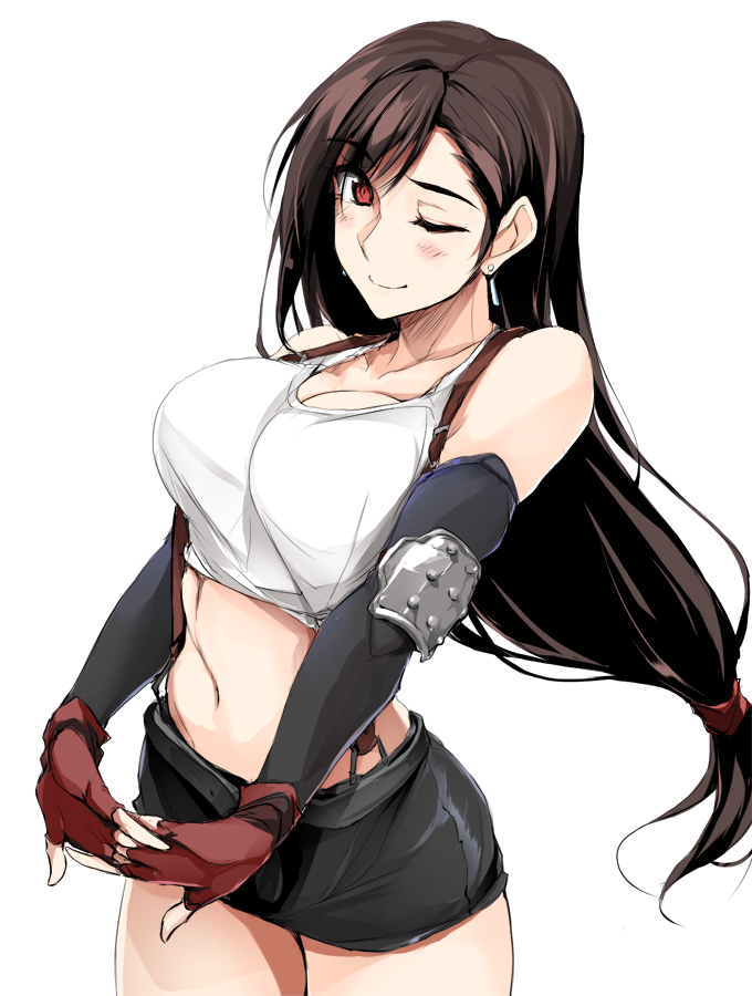 ;) arm_warmers bare_shoulders black_hair black_skirt blush breasts cleavage closed_mouth collarbone crop_top earrings eyebrows_visible_through_hair final_fantasy final_fantasy_vii gloves interlocked_fingers jewelry large_breasts long_hair looking_at_viewer low-tied_long_hair miniskirt navel one_eye_closed red_eyes red_gloves shirt simple_background skirt smile solo suspender_skirt suspenders tank_top tifa_lockhart white_background white_shirt zekkyon