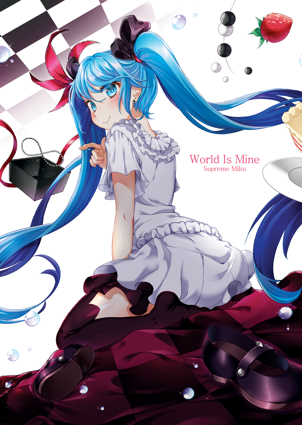 blue_eyes blue_hair blush character_name copyright_name earrings floating_hair food from_side fruit hago hatsune_miku highres jewelry long_hair mary_janes necklace shoes shoes_removed sitting skirt smile solo strawberry thighhighs twintails very_long_hair vocaloid white_background world_is_mine_(vocaloid)