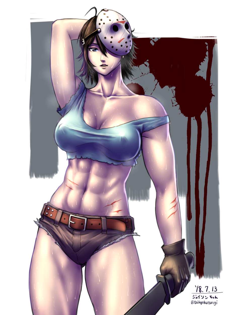 abs arm_up belt borrowed_design breasts brown_gloves cleavage collarbone covered_nipples crop_top cutoffs friday_the_13th genderswap genderswap_(mtf) gloves highres hockey_mask holding holding_weapon jason_voorhees large_breasts machete mask mask_on_head mask_over_one_eye muscle muscular_female navel no_bra off_shoulder scratches short_hair solo stomach sweat taikyokuturugi taut_clothes thighs weapon