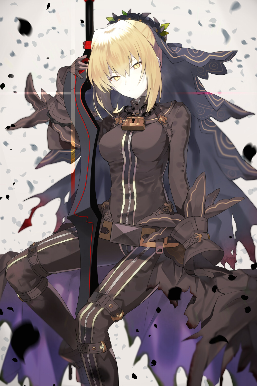 aestus_estus alternate_color arm_support bangs belt black_bodysuit black_gloves black_veil blonde_hair bodysuit breasts buckle chain closed_mouth commentary_request eyebrows_visible_through_hair fate/extra fate/extra_ccc fate_(series) frown full-length_zipper gloves hair_between_eyes hair_intakes half-closed_eyes head_tilt highres holding holding_sword holding_weapon large_breasts lock long_sleeves looking_at_viewer loose_belt nero_claudius_(bride)_(fate) nero_claudius_(fate)_(all) padlock pale_skin petals sanae_(satansanae) short_hair slit_pupils solo sword veil weapon yellow_eyes zipper zipper_pull_tab