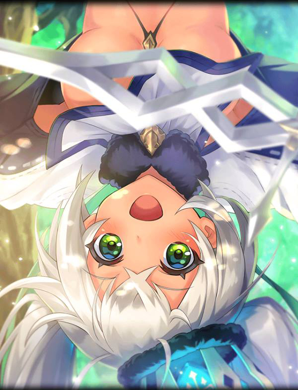armor artist_request capelet convenient_censoring crown_hair_ornament damocles_(phantom_of_the_kill) dark_skin fur_collar green_eyes official_art phantom_of_the_kill silver_hair twintails upside-down white_capelet