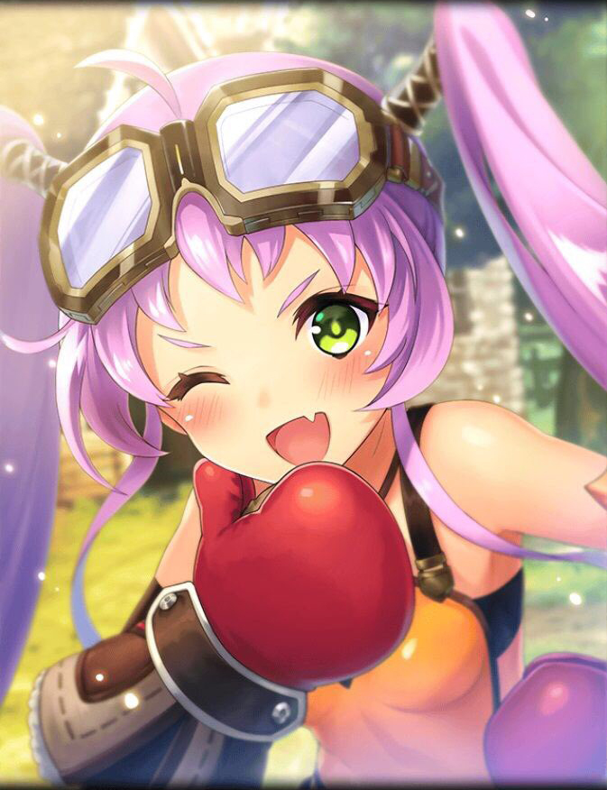 artist_request blush boxing_gloves breasts dare_ga_tame_no_alchemist dragon_genesis fang goggles goggles_on_head green_eyes house miuna_(dare_ga_tame_no_alchemist) official_art one_eye_closed open_mouth phantom_of_the_kill purple_hair sleeveless small_breasts strapless tubetop twintails