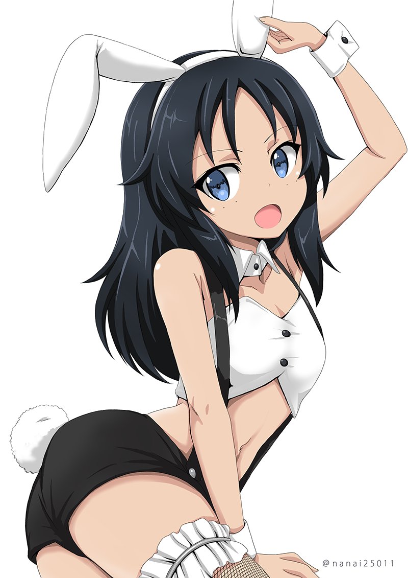 :d animal_costume animal_ears arm_support ass bangs black_shorts blue_eyes blue_hair bunny_ears bunny_girl bunny_tail commentary detached_collar fake_animal_ears fake_tail fishnet_legwear fishnets freckles garters girls_und_panzer hand_on_headwear long_hair looking_at_viewer looking_back lying on_side open_mouth shibagami short_shorts shorts simple_background smile solo strapless suspender_shorts suspenders tail thighhighs tubetop twitter_username white_background white_collar wing_collar wristband yamagou_ayumi
