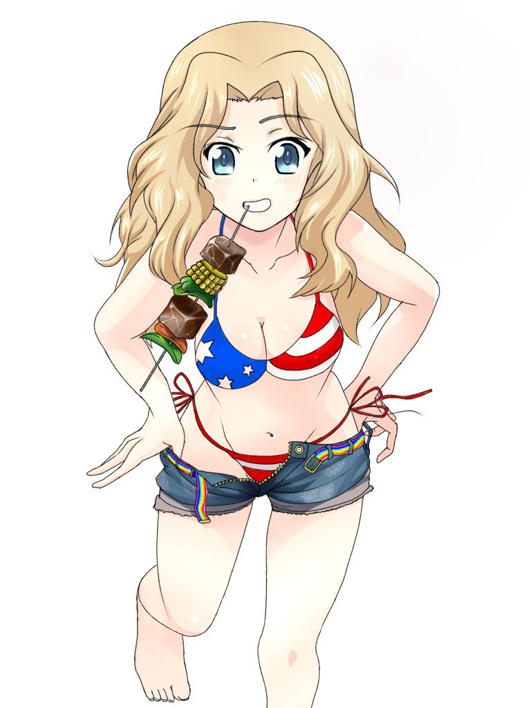 american_flag_bikini apachai_k barefoot bikini blonde_hair blue_eyes blue_footwear breasts cleavage commentary cutoffs denim denim_shorts eyebrows_visible_through_hair flag_print girls_und_panzer grin hair_intakes kay_(girls_und_panzer) leg_up long_hair looking_at_viewer medium_breasts mouth_hold multicolored multicolored_stripes navel open_clothes open_shorts puffy_short_sleeves puffy_sleeves pulled_by_self shishkebab short_shorts short_sleeves shorts side-tie_bikini simple_background smile solo standing standing_on_one_leg striped striped_belt swimsuit unzipped white_background