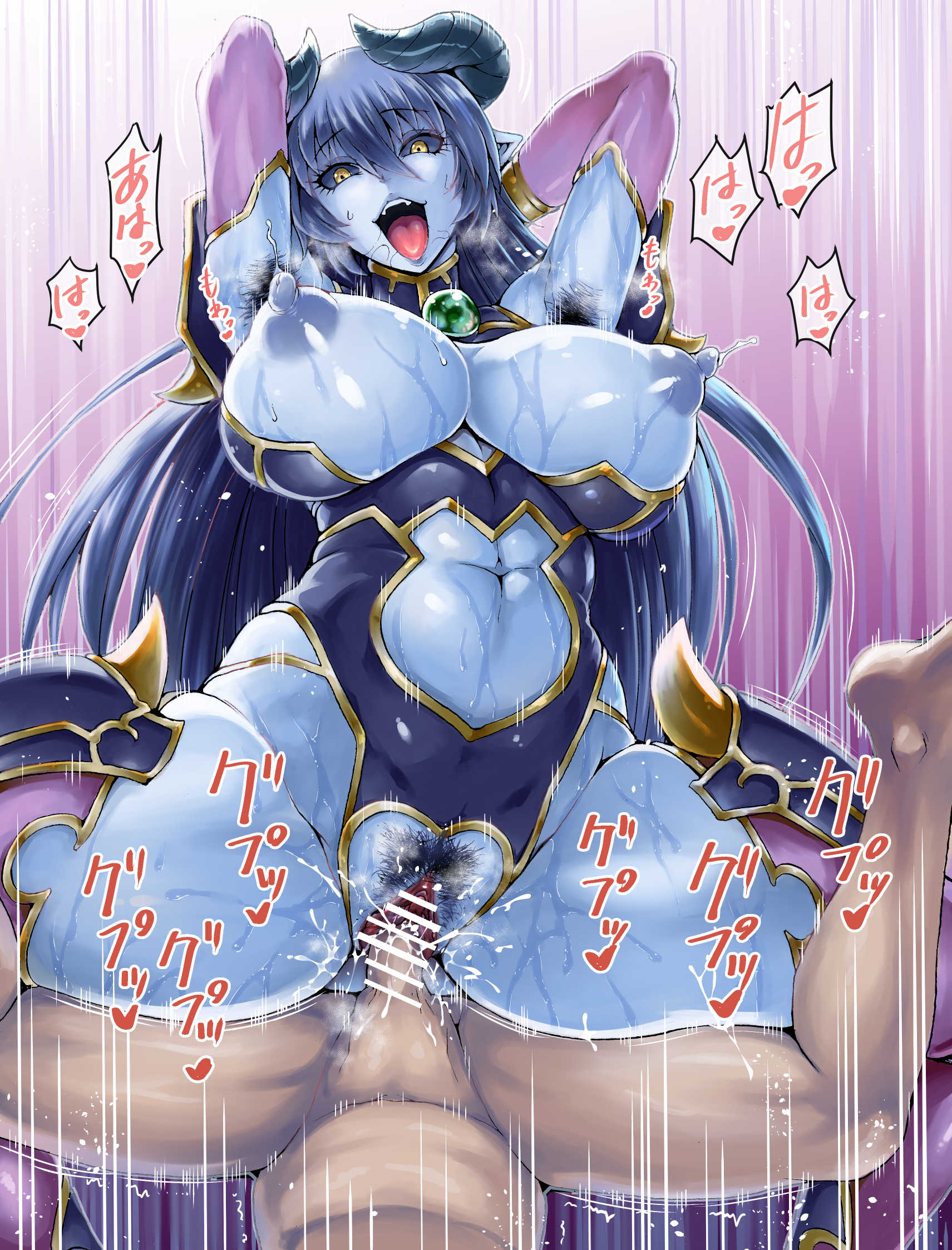 1girl aaoyama armpit_hair artist_request assertive astaroth_(shinrabanshou) bar_censor black_sclera blue_skin breasts bridal_gauntlets censored cowgirl_position demon demon_girl demon_horns demon_tail earrings folded girl_on_top hetero highres horns huge_breasts jewelry jpeg_artifacts long_hair motion_lines navel navel_cutout nipples nude open_mouth penis pointy_ears pubic_hair puffy_nipples pussy sex shinrabanshou shiny shiny_hair shiny_skin solo_focus spread_legs straddling succubus sweat tail vaginal yellow_eyes