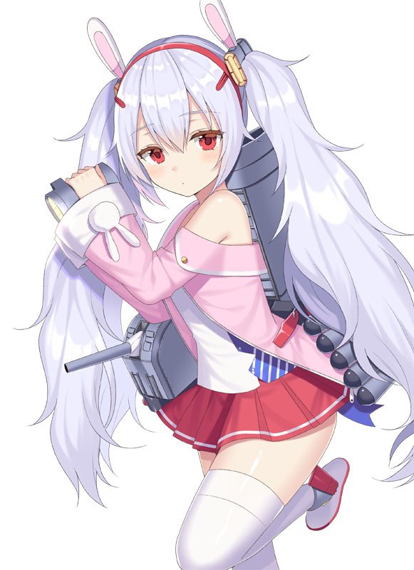 animal_ears azur_lane cannon commentary_request fake_animal_ears hair_ornament headband izumo_neru jacket laffey_(azur_lane) lavender_hair leg_up looking_at_viewer messy_hair red_eyes searchlight simple_background solo thighhighs torpedo_tubes twintails white_background white_legwear