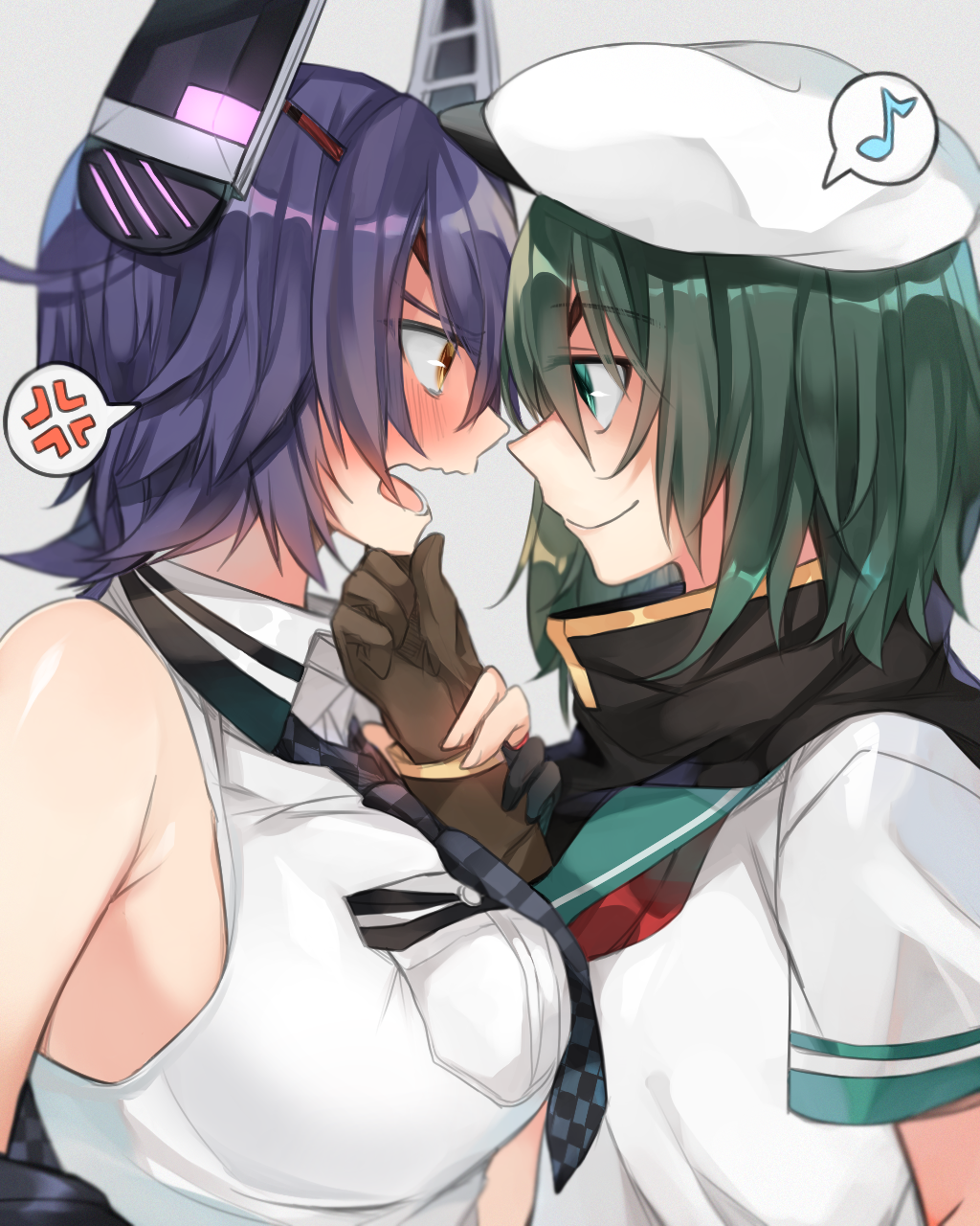 anger_vein asymmetrical_docking bare_shoulders blush breast_pocket breast_press breasts brown_gloves checkered checkered_neckwear chin_grab closed_mouth collared_shirt commentary_request eye_contact eyepatch face-to-face gloves green_eyes green_hair green_sailor_collar hair_between_eyes hat headgear highres kantai_collection kiso_(kantai_collection) kyusai_kuma large_breasts looking_at_another multiple_girls musical_note necktie nose_blush open_mouth pocket purple_hair remodel_(kantai_collection) sailor_collar sailor_hat school_uniform serafuku shirt short_hair short_sleeves sleeveless sleeveless_shirt smile spoken_anger_vein spoken_musical_note tenryuu_(kantai_collection) upper_body wavy_mouth white_shirt wrist_grab yellow_eyes yuri
