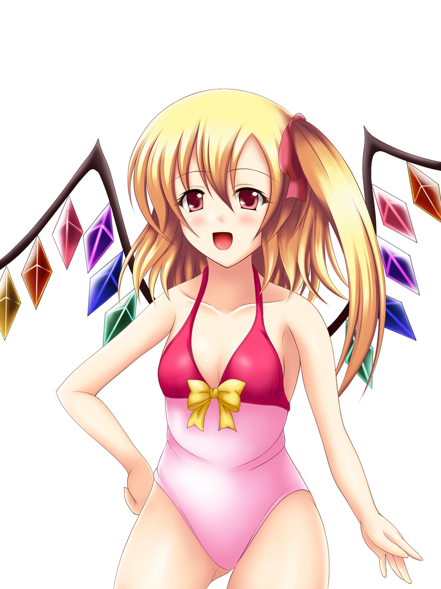 bad_id bad_pixiv_id blonde_hair casual_one-piece_swimsuit flandre_scarlet hand_on_hip highres long_hair nagimasa one-piece_swimsuit red_eyes side_ponytail solo swimsuit touhou wings