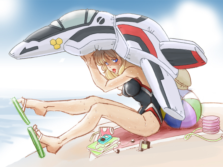 :p air_pump aircraft airplane ball beachball blonde_hair blue_eyes competition_swimsuit digital_media_player inflatable_raft kanadarai lifting macross macross_frontier mecha one-piece_swimsuit sheryl_nome sweat swimsuit tongue tongue_out vf-25