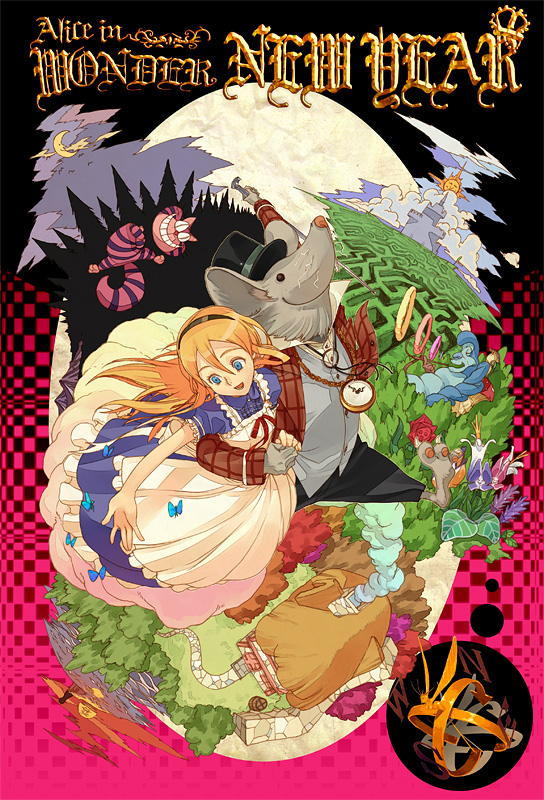 alice_(wonderland) alice_in_wonderland apron blonde_hair blue_eyes bug butterfly cheshire_cat insect maze ryota-h