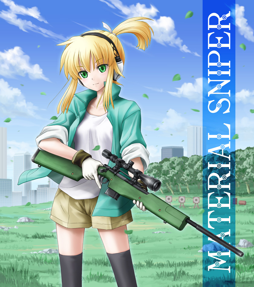 black_legwear blonde_hair bolt_action building cloud commentary day drum_(container) ear_protection eichikei_(hakuto) gloves green_eyes gun hair_ribbon iris_(material_sniper) jacket material_sniper ponytail ribbon rifle scope shooting_range shorts sleeves_rolled_up sniper_rifle solo target thighhighs trigger_discipline weapon