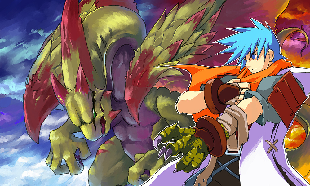armor bad_id bad_pixiv_id blue_eyes blue_hair breath_of_fire breath_of_fire_iii claws dragon gloves kaiser_dragon male_focus monster ryuu_(breath_of_fire_iii) scarf shin_(tail_of_tale) solo transformation wings