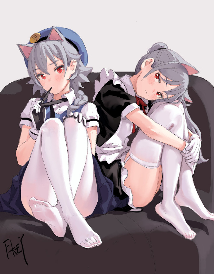 2girls apron artist_name blush convenient_leg couch dress extra_ears fkey frills gloves grey_hair hat leg_hug legs_crossed long_hair looking_at_viewer maid maid_apron multiple_girls no_shoes original pantyhose red_eyes short_hair short_sleeves sitting thighhighs waist_apron white_gloves white_legwear