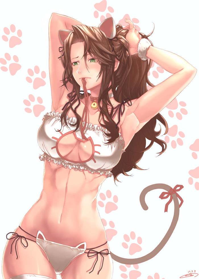 abs animal_ears armpits ass_visible_through_thighs bangs bell bell_choker blush bra braid breasts brown_hair cat_cutout cat_ear_panties cat_ears cat_lingerie cat_tail choker cleavage cleavage_cutout collarbone commentary dated embarrassed english_commentary eyebrows_visible_through_hair girls_frontline gloves green_eyes groin hair_ornament hair_ribbon jingle_bell large_breasts lee-enfield_(girls_frontline) long_hair looking_away meme_attire mouth_hold navel panties ponytail red_ribbon ribbon ribbon_in_mouth ribs side-tie_panties sidelocks signature skindentation solo ssalbaram stomach tail tail_ribbon thighhighs thighs tying_hair underwear underwear_only white_legwear