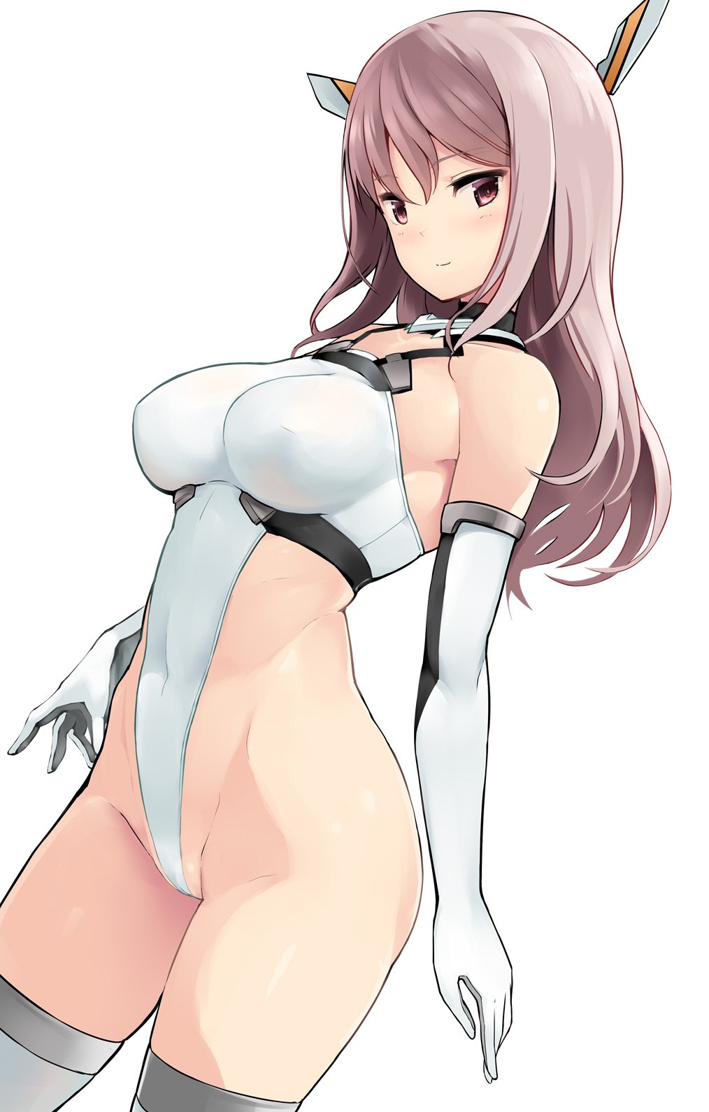 alice_gear_aegis arms_at_sides breasts commentary contrapposto covered_navel cowboy_shot dutch_angle elbow_gloves gloves headgear highleg highleg_leotard highres iinuma_toshinori impossible_clothes impossible_leotard large_breasts leotard long_hair looking_at_viewer pink_hair sidelocks simple_background smile solo standing thighhighs white_background white_gloves white_legwear yotsuya_yumi