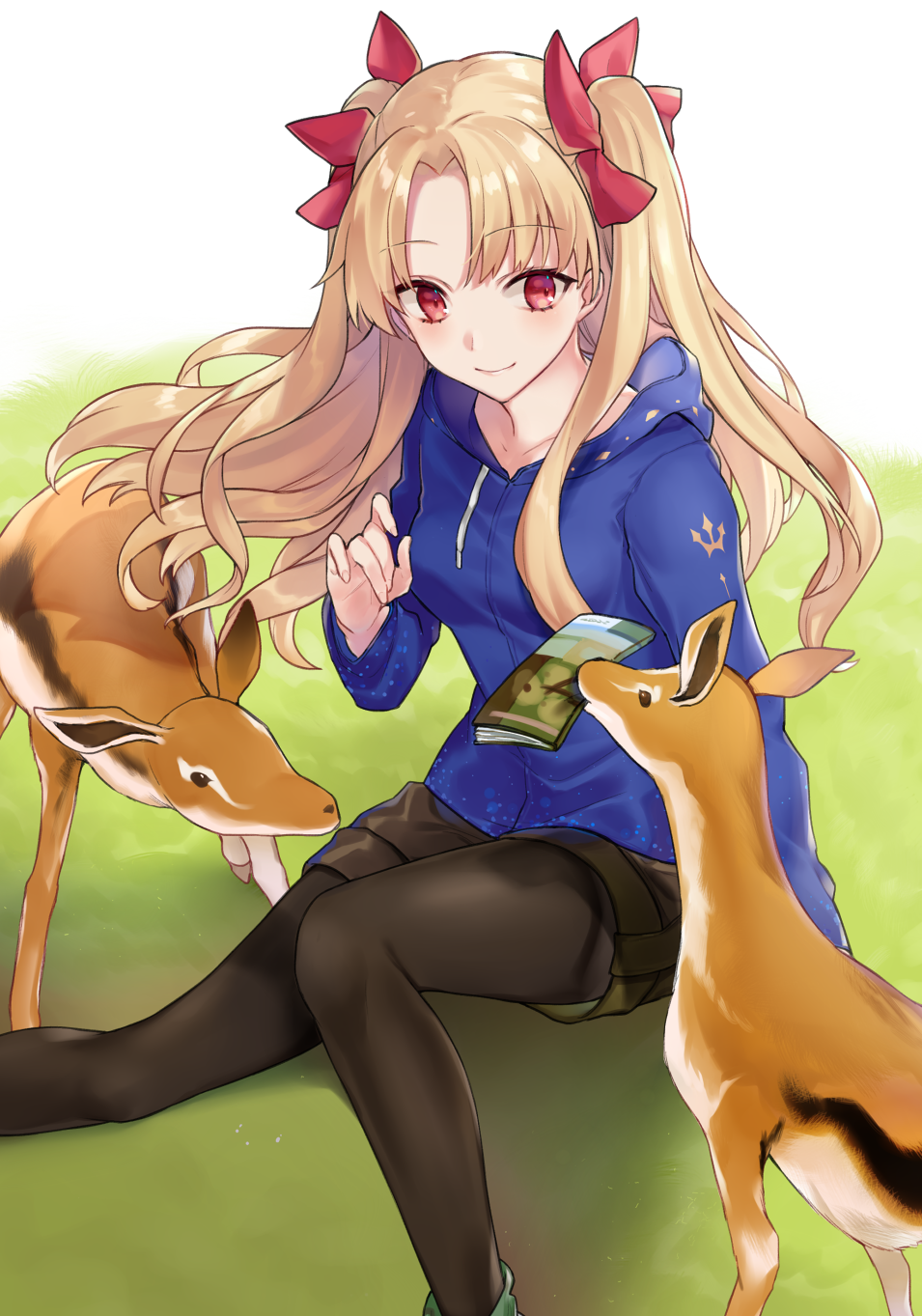 animal bangs black_legwear black_shorts blonde_hair blue_hoodie bow closed_mouth collarbone commentary contemporary drawstring ereshkigal_(fate/grand_order) eyebrows_visible_through_hair fate/grand_order fate_(series) fawn fingernails hair_bow hand_up highres hood hood_down hoodie long_hair long_sleeves looking_away mouth_hold on_grass pamphlet pantyhose pantyhose_under_shorts parted_bangs red_bow red_eyes shiao short_shorts shorts sitting smile solo two_side_up very_long_hair white_background