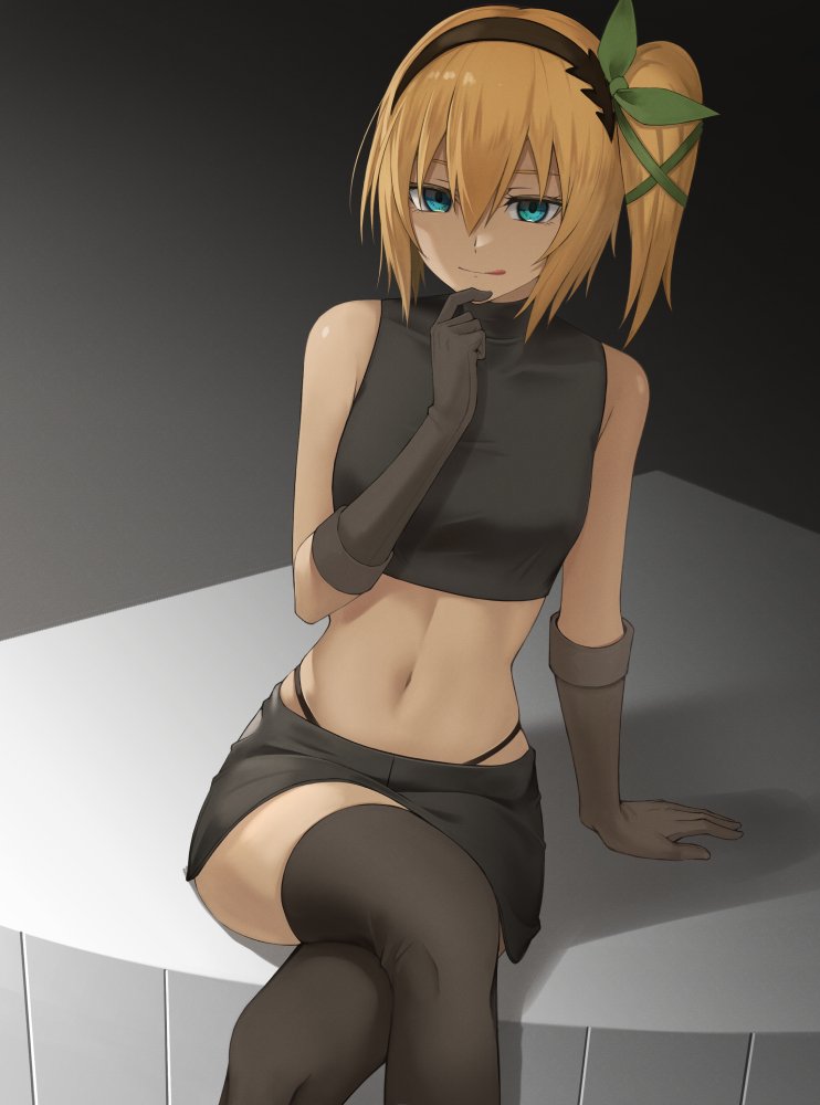 1girl :q aged_up aqua_eyes arm_support black_hairband black_panties black_skirt black_thighhighs blonde_hair bow breasts brown_gloves crop_top crossed_legs edna_(tales) elbow_gloves eyebrows_hidden_by_hair gloves green_bow hair_between_eyes hair_bow hairband highleg highleg_panties midriff miniskirt navel panties rourou_ill side_ponytail skirt small_breasts solo stomach tales_of_(series) tales_of_zestiria thighhighs tongue tongue_out underwear zettai_ryouiki