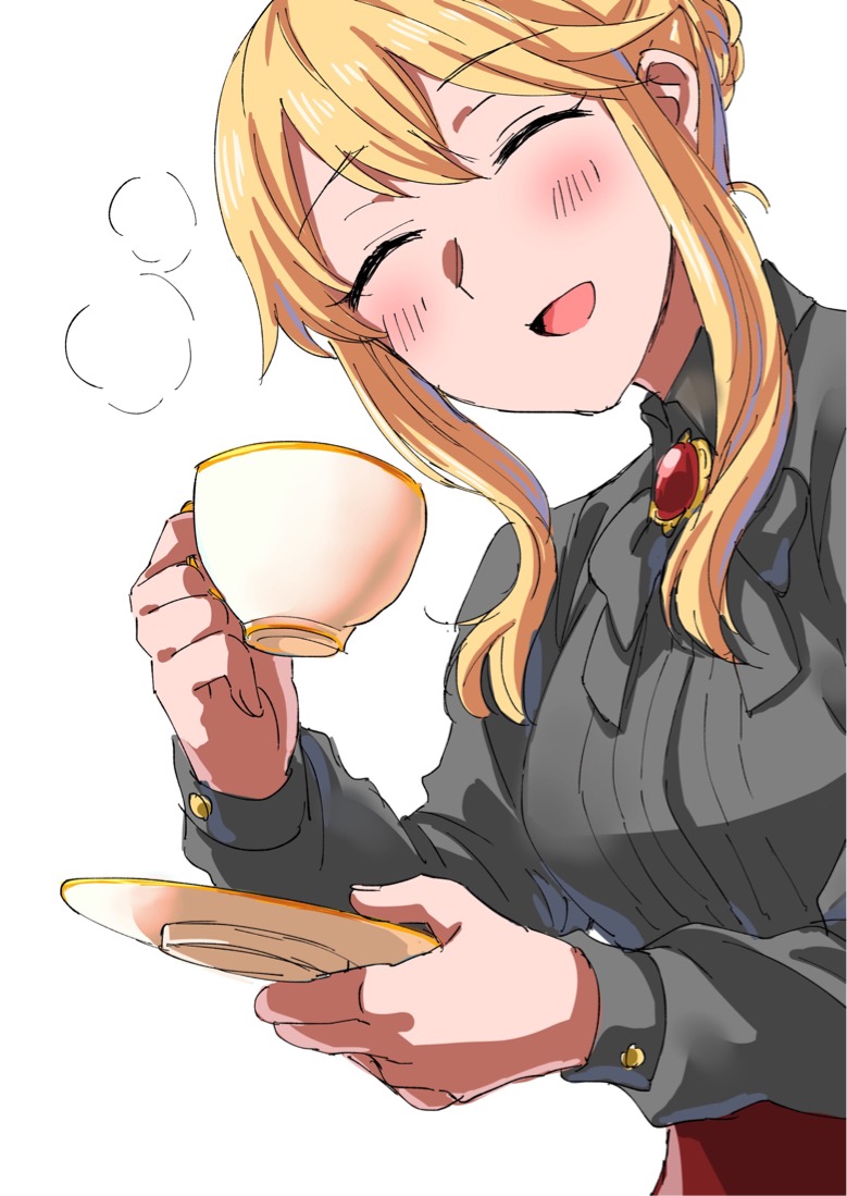 1girl blonde_hair blush bow bowtie breasts clarice_(idolmaster) closed_eyes cup grey_bow grey_bowtie grey_shirt hands_up holding holding_cup holding_tray idolmaster idolmaster_cinderella_girls idolmaster_cinderella_girls_starlight_stage long_hair long_sleeves medium_breasts namiko817 open_mouth red_brooch shirt sidelocks simple_background smile solo steam teacup tray upper_body white_background