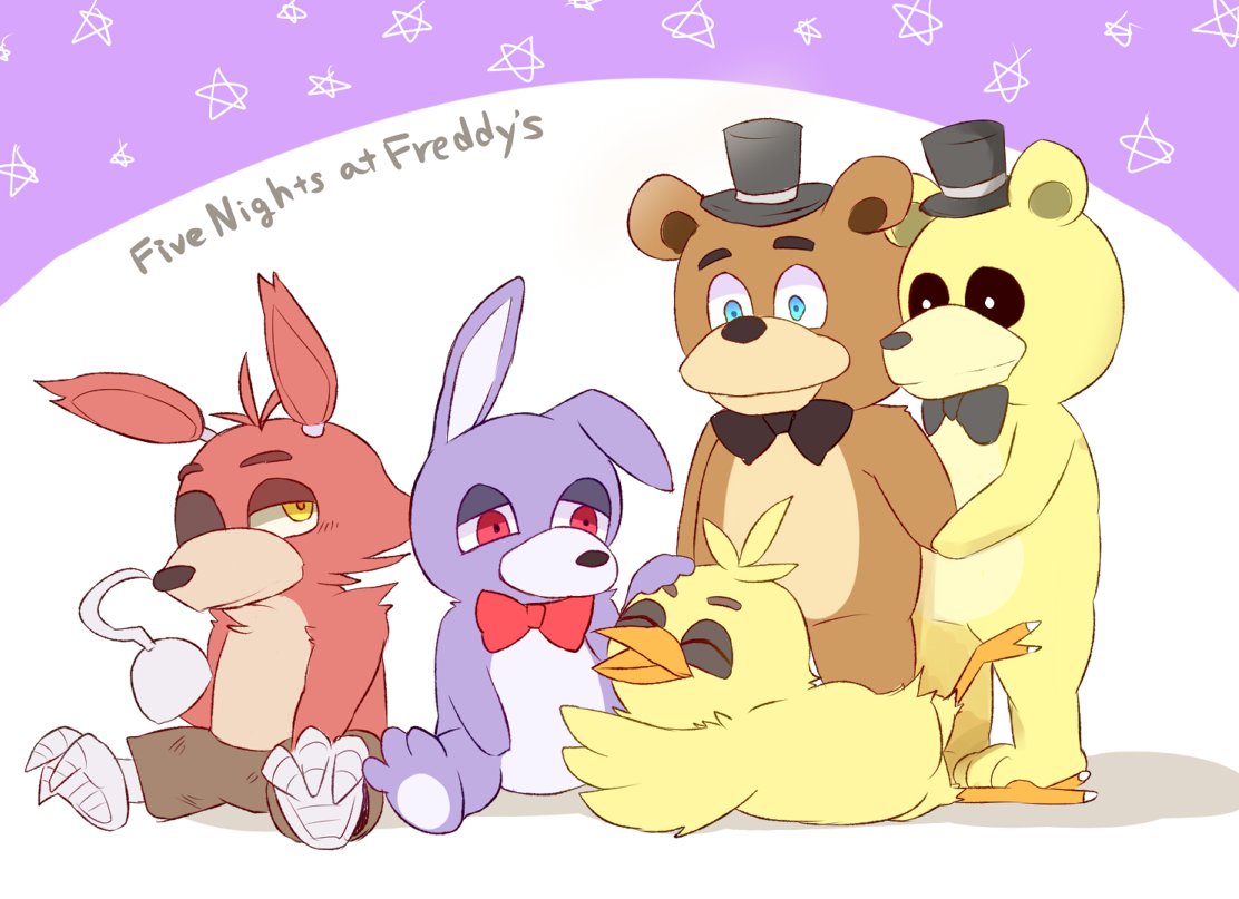 2018 anthro avian bear bird bonnie_(fnaf) bow_tie canine chica_(fnaf) chicken digital_media_(artwork) five_nights_at_freddy's fox foxy_(fnaf) freddy_(fnaf) golden_freddy_(fnaf) group hat lagomorph machine mammal nuntyou_fnaf rabbit robot video_games