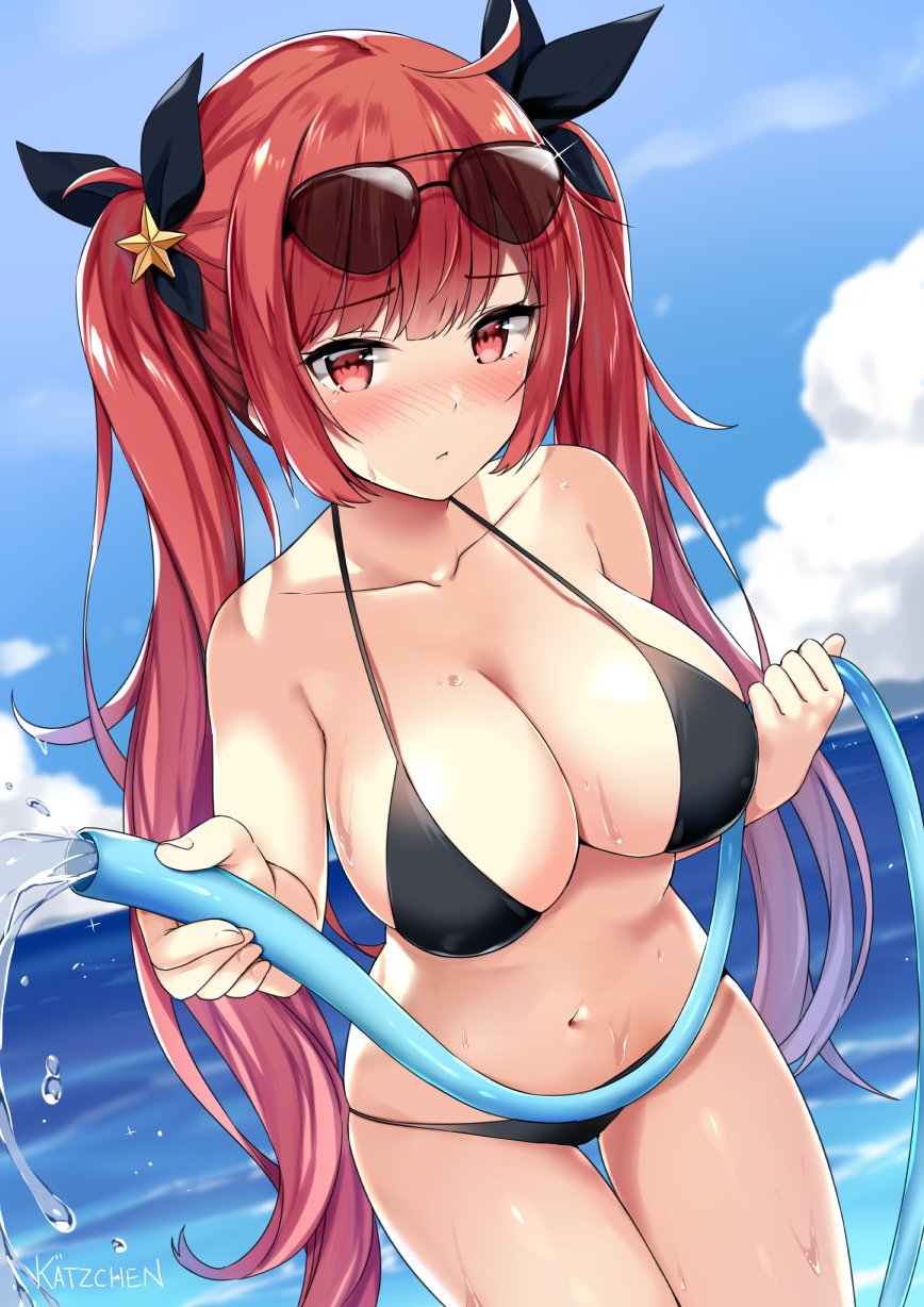 artist_name azur_lane bikini blurry blurry_background blush breasts cleavage cloud collarbone commentary day eyewear_on_head hair_ornament hair_ribbon highres honolulu_(azur_lane) hose kaetzchen large_breasts long_hair looking_at_viewer navel ocean red_eyes ribbon sky solo sunglasses swimsuit twintails water