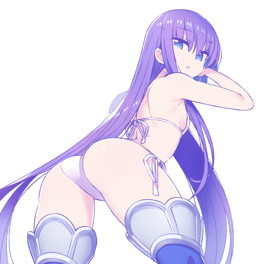 arched_back ass bangs bikini blue_eyes blue_legwear breasts chan_co commentary_request cowboy_shot eyebrows_visible_through_hair fate/extra fate/extra_ccc fate/grand_order fate_(series) from_behind hair_ribbon leaning_forward long_hair looking_at_viewer looking_back meltlilith open_mouth purple_hair ribbon side-tie_bikini simple_background single_sidelock small_breasts swimsuit thighhighs very_long_hair white_background white_bikini