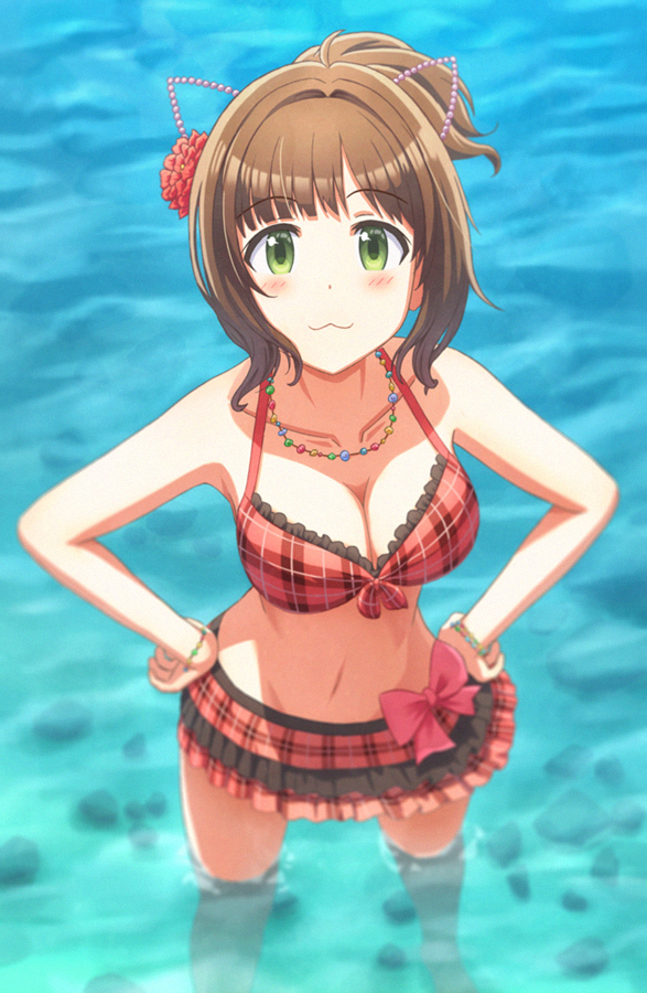 animal_ears bangs bead_necklace beads bikini bikini_skirt blush bow bracelet breasts brown_hair cat_ears catil_(pixiv17418015) cleavage day eyebrows_visible_through_hair fake_animal_ears flower frilled_bikini frills from_above green_eyes groin hair_flower hair_ornament hands_on_hips idolmaster idolmaster_cinderella_girls idolmaster_cinderella_girls_starlight_stage jewelry looking_at_viewer maekawa_miku medium_breasts navel necklace outdoors pink_bow ponytail red_bikini red_flower shiny shiny_hair smile solo swimsuit wading water