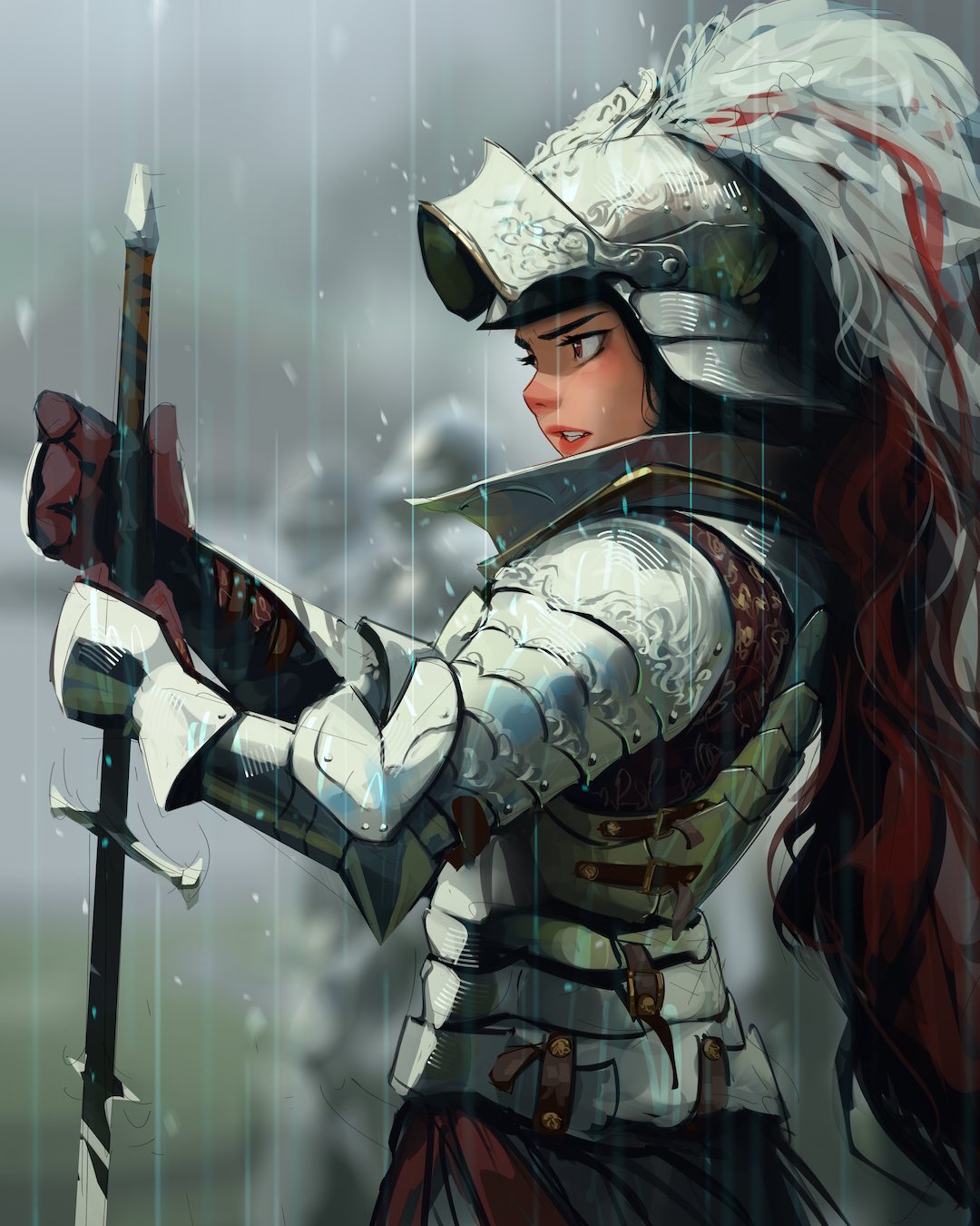 1girl 2others armor blurry blurry_background brown_eyes clenched_teeth commentary english_commentary from_side full_armor helmet highres holding holding_sword holding_weapon multiple_others original planted planted_sword rain sam_yang serious sword teeth weapon