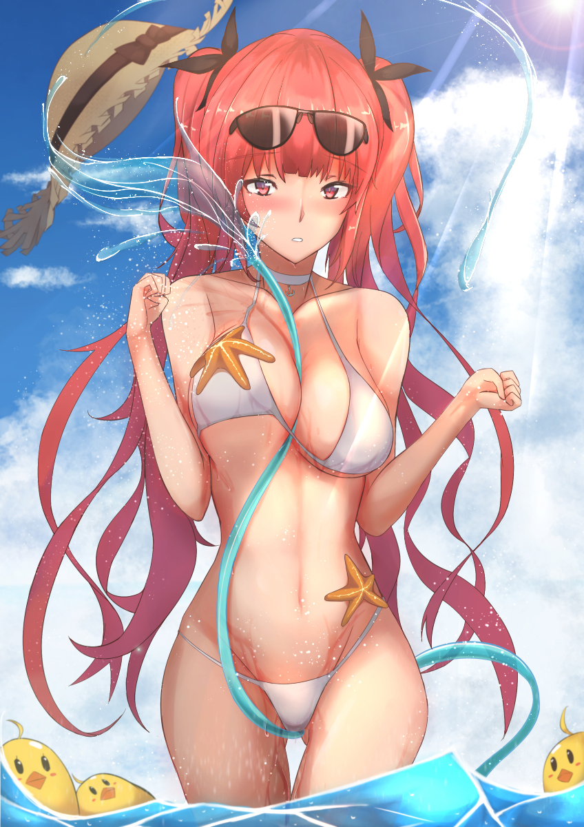 alternate_costume ass_visible_through_thighs azur_lane bangs bare_arms between_breasts bikini black_ribbon blue_sky blush body_writing breast_lift breasts choker cleavage cloud collarbone day eyebrows_visible_through_hair eyewear_on_head groin hair_ribbon hat hat_removed headwear_removed highres honolulu_(azur_lane) hose large_breasts long_hair looking_at_viewer navel outdoors parted_lips red_eyes red_hair ribbon sidelocks sky solo splashing starfish stomach sun sun_hat sunglasses sunlight swimsuit tan thighs twintails wading water white_bikini yusha_(m-gata)