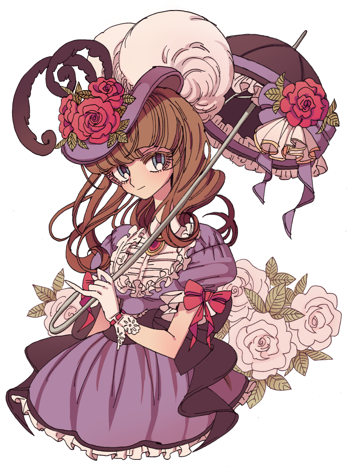 1girl blue_eyes bow brown_hair closed_mouth cropped_legs dress flower frilled_umbrella frills gloves hat hat_feather hat_flower holding holding_umbrella long_hair looking_at_viewer meremero original parasol puffy_short_sleeves puffy_sleeves purple_dress purple_headwear red_bow red_flower red_rose rose short_sleeves smile solo standing umbrella white_background white_flower white_gloves white_rose