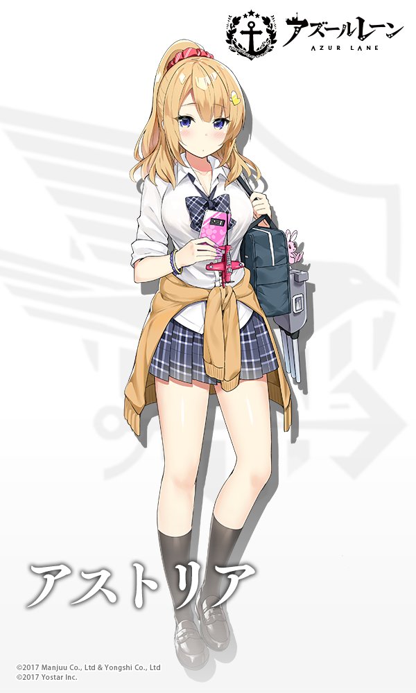 astoria_(azur_lane) azur_lane bag bag_charm black_legwear blonde_hair blush bracelet breasts cardigan cellphone cellphone_charm charm_(object) clothes_around_waist commentary_request full_body gyaru hair_ornament hair_scrunchie holding holding_phone jewelry kogal large_breasts loafers long_hair looking_at_viewer nail_polish official_art phone plaid plaid_skirt ponytail purple_eyes red_scrunchie school_bag school_uniform scrunchie seaplane shirt shoes skirt sky_(freedom) sleeves_rolled_up smartphone socks solo sweater_around_waist vought_os2u_kingfisher white_shirt