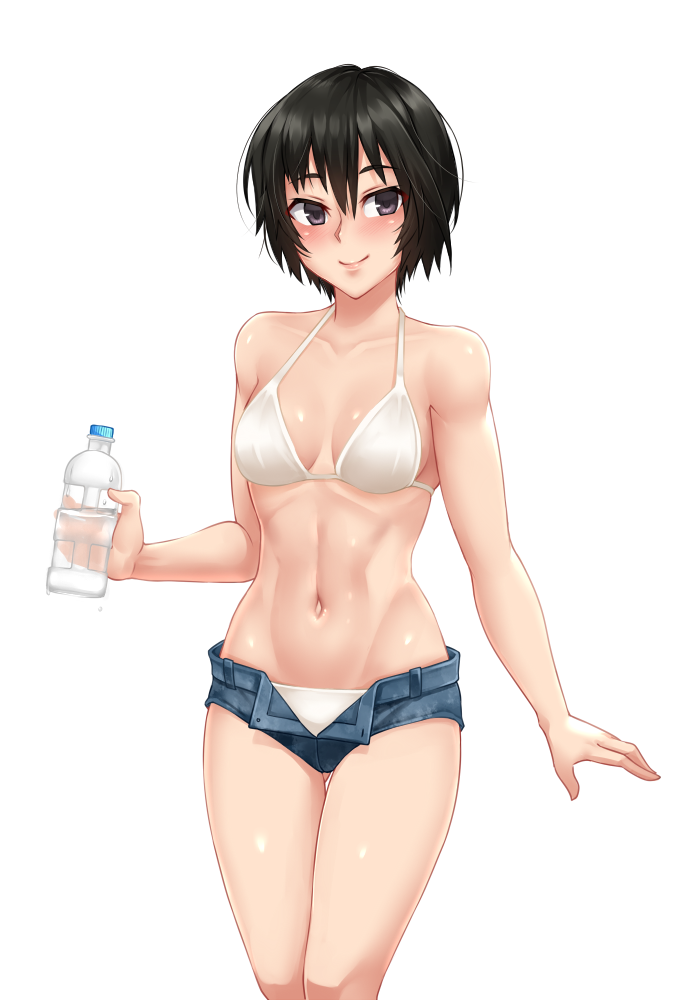 amagami ass_visible_through_thighs bare_shoulders bikini black_eyes black_hair blush bottle breasts breasts_apart collarbone hair_between_eyes holding holding_bottle looking_at_viewer medium_breasts micro_shorts nanasaki_ai navel short_hair short_shorts shorts simple_background smile solo stomach swimsuit thigh_gap toned twrlare unbuttoned water_bottle white_background white_bikini
