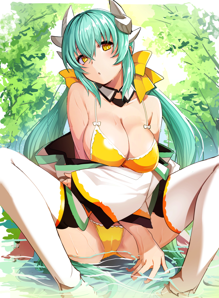 aqua_hair arms_under_breasts bare_shoulders bikini blush breast_hold breasts cibo_(killy) cleavage collarbone detached_collar dragon_horns fate/grand_order fate_(series) frilled_bikini frills hair_ribbon horns japanese_clothes kiyohime_(fate/grand_order) kiyohime_(swimsuit_lancer)_(fate) large_breasts long_hair looking_at_viewer off_shoulder open_mouth partially_submerged ribbon sitting solo spread_legs swimsuit thighhighs water white_legwear yellow_bikini yellow_eyes yellow_ribbon