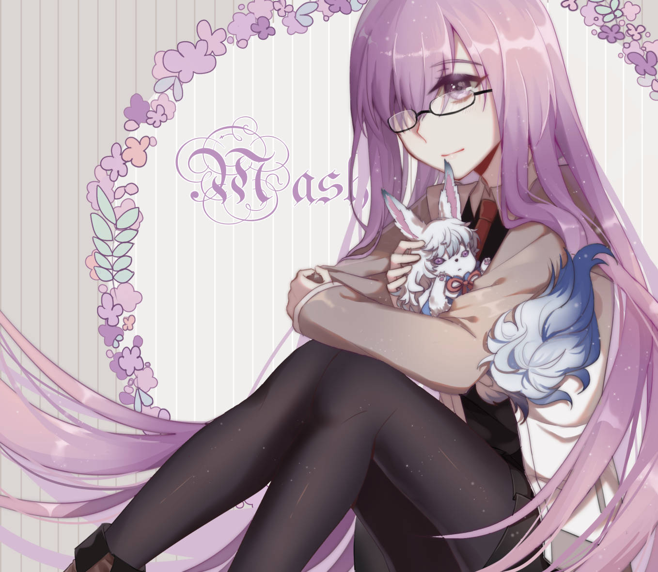 alternate_hairstyle black-framed_eyewear black_dress black_legwear boots brown_footwear character_name crossed_arms dress eyebrows_visible_through_hair fate/grand_order fate_(series) floating_hair fou_(fate/grand_order) glasses grey_background grey_jacket holding idass_(1155101099) jacket long_hair mash_kyrielight neck_ribbon necktie open_clothes open_jacket pantyhose pleated_dress purple_eyes purple_hair red_neckwear red_ribbon ribbon semi-rimless_eyewear shiny shiny_clothes short_dress sitting smile solo striped striped_background under-rim_eyewear very_long_hair