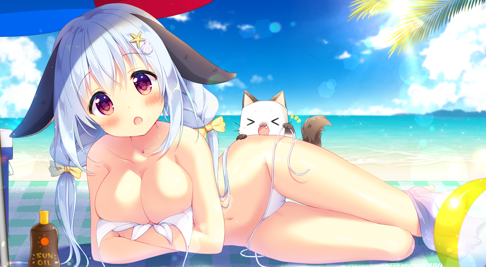 &gt;_&lt; :3 :d :o animal animal_ears aoi_yun assisted_exposure ball bangs bare_shoulders beachball bikini blue_sky blush bottle bow breasts bunny_ears cat cleavage cloud collarbone commentary_request day ears_down eyebrows_visible_through_hair fang hair_between_eyes hair_bow head_tilt jewelry large_breasts long_hair looking_at_viewer low_twintails lying necklace on_side open_mouth original outdoors red_eyes side-tie_bikini silver_hair sky smile solo swimsuit transparent twintails very_long_hair white_bikini xd yellow_bow