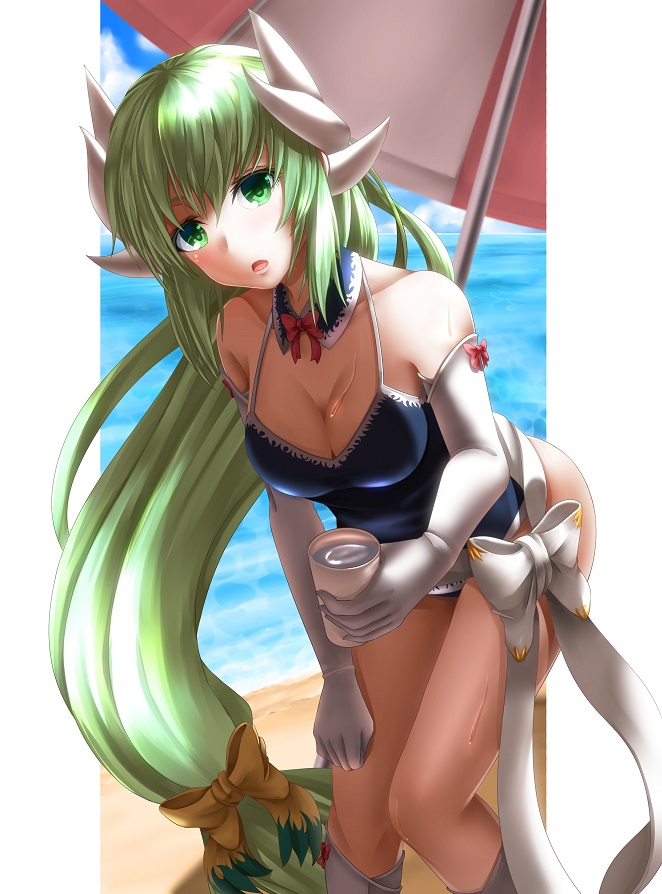 blue_swimsuit boots bow bowtie breasts choker cleavage cloud collarbone day elbow_gloves fate/grand_order fate_(series) floating_hair gloves green_eyes green_hair hair_between_eyes hair_bow hair_ornament holding kiyohime_(fate/grand_order) knee_boots long_hair looking_at_viewer low-tied_long_hair medium_breasts ocean open_mouth outdoors red_bow solo swimsuit totororo very_long_hair water wet white_bow white_footwear white_gloves yellow_bow