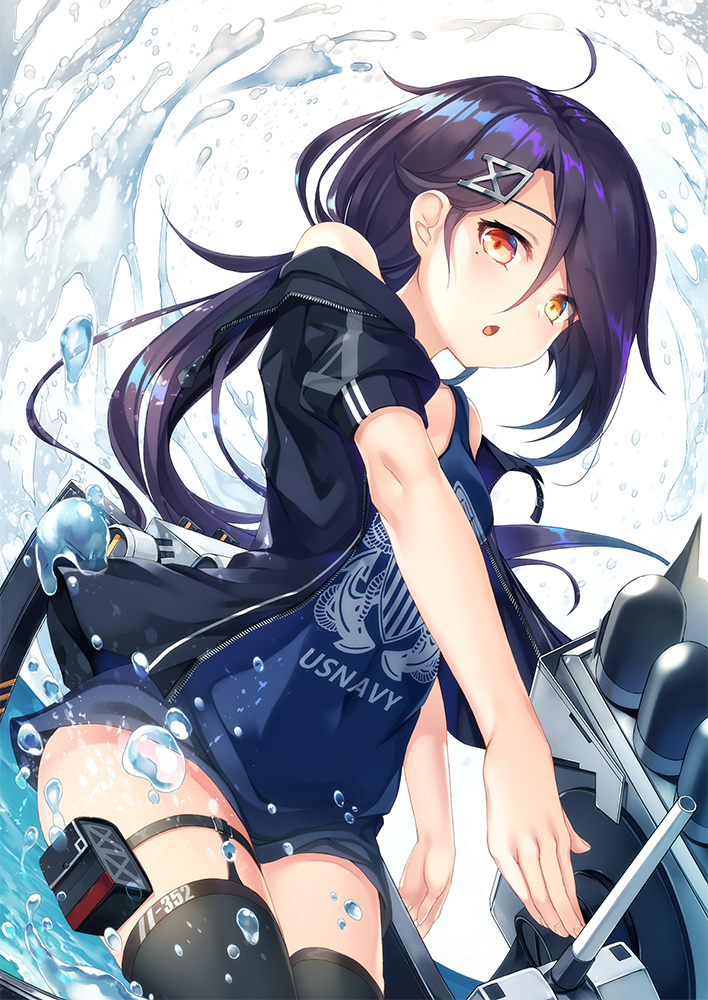 ahoge arms_at_sides azur_lane belt_pouch black_hair breasts cannon cassin_(azur_lane) chestnut_mouth commentary_request hair_ornament hairclip heterochromia jacket kurenai_musume long_hair looking_at_viewer mole mole_under_eye no_pants ocean open_mouth ponytail pouch remodel_(azur_lane) shirt simple_background small_breasts solo thighhighs torpedo_tubes water_drop white_background
