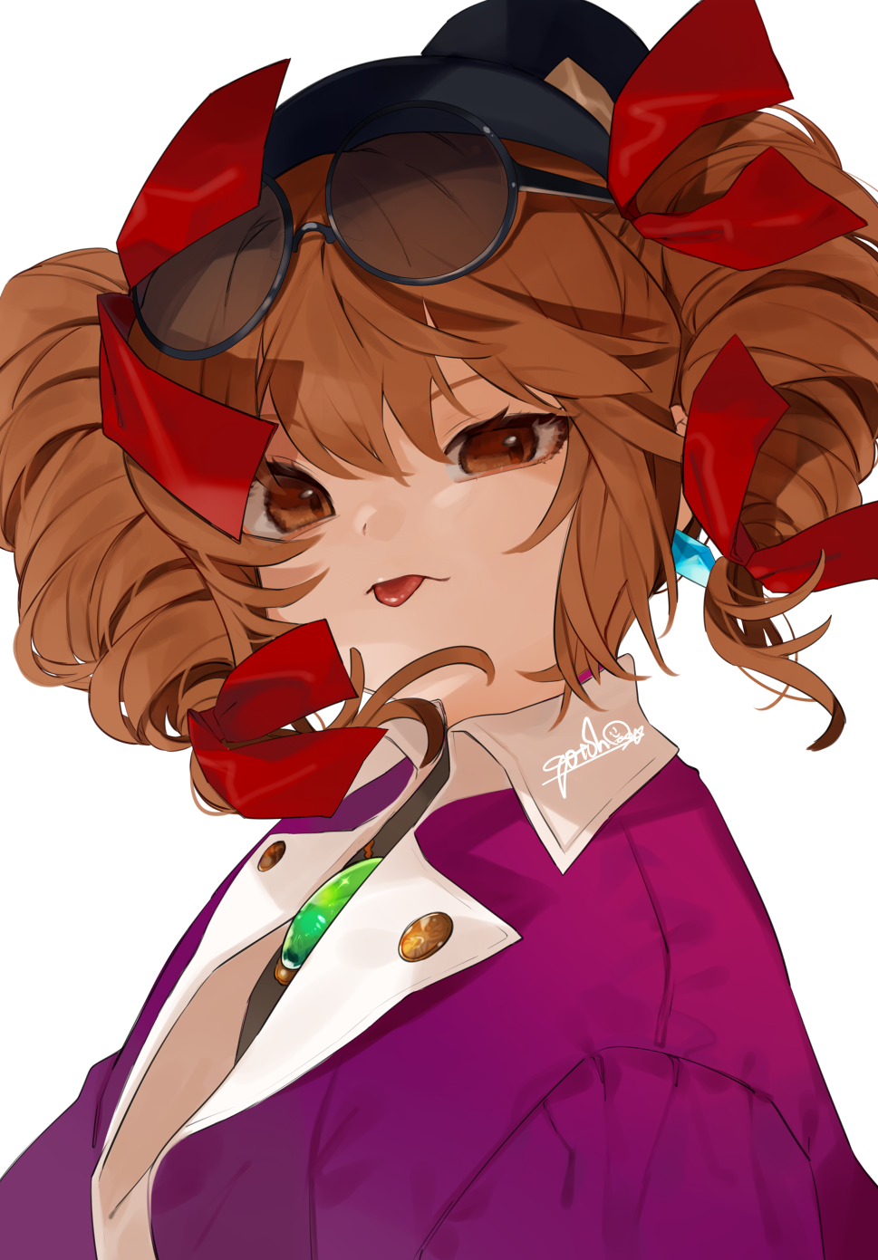 artist_name bad_id bad_twitter_id black_hat brown_eyes brown_hair coat commentary_request drill_hair earrings eyebrows_visible_through_hair eyewear_on_head gotoh510 hair_between_eyes hair_ribbon hat highres jewelry looking_at_viewer mini_hat mini_top_hat pendant purple_coat red_ribbon ribbon short_hair signature simple_background solo sunglasses tongue tongue_out top_hat touhou twin_drills twintails uneven_eyes upper_body white_background wing_collar yorigami_jo'on