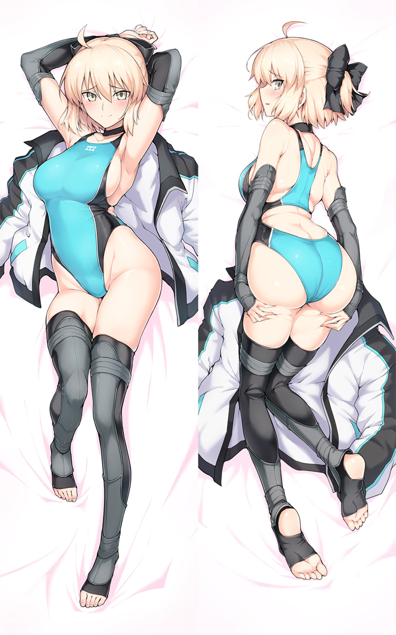 ahoge aqua_swimsuit armpits arms_up ass bare_shoulders bed_sheet black_legwear blonde_hair blush bow breasts choker collarbone competition_swimsuit dakimakura deep_skin fate/grand_order fate_(series) feet grey_eyes groin hair_bow harukon_(halcon) highleg highleg_swimsuit highres jacket jacket_removed large_breasts long_sleeves looking_at_viewer lying multiple_views okita_souji_(fate) okita_souji_(fate)_(all) on_back on_stomach one-piece_swimsuit open_mouth short_hair short_ponytail sideboob smile soles stirrup_legwear swimsuit thighhighs toeless_legwear