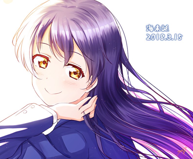 anibache bangs blue_hair blush commentary dated hand_in_hair long_hair looking_at_viewer looking_back love_live! love_live!_school_idol_project otonokizaka_school_uniform portrait school_uniform simple_background smile sonoda_umi white_background yellow_eyes