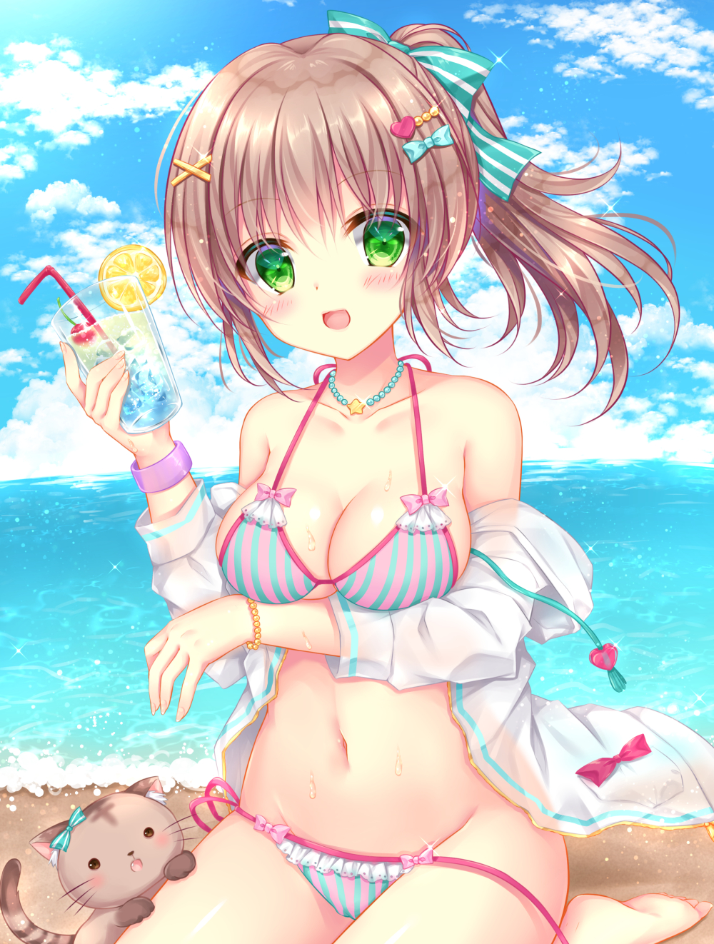 :d animal bangs bare_shoulders bendy_straw bikini blue_sky blush bow bow_bikini breasts brown_hair cat cleavage cloud cloudy_sky collarbone commentary_request cup day drink drinking_glass drinking_straw eyebrows_visible_through_hair fang green_bow green_eyes hair_between_eyes hair_bow hair_ornament hairclip highres holding holding_cup hood hood_down hooded_jacket horizon ice ice_cube jacket jewelry kohinata_hoshimi long_hair medium_breasts necklace ocean off_shoulder open_mouth original outdoors pink_bow ponytail side-tie_bikini sky smile solo star striped striped_bow swimsuit vertical-striped_bikini vertical_stripes water white_jacket x_hair_ornament