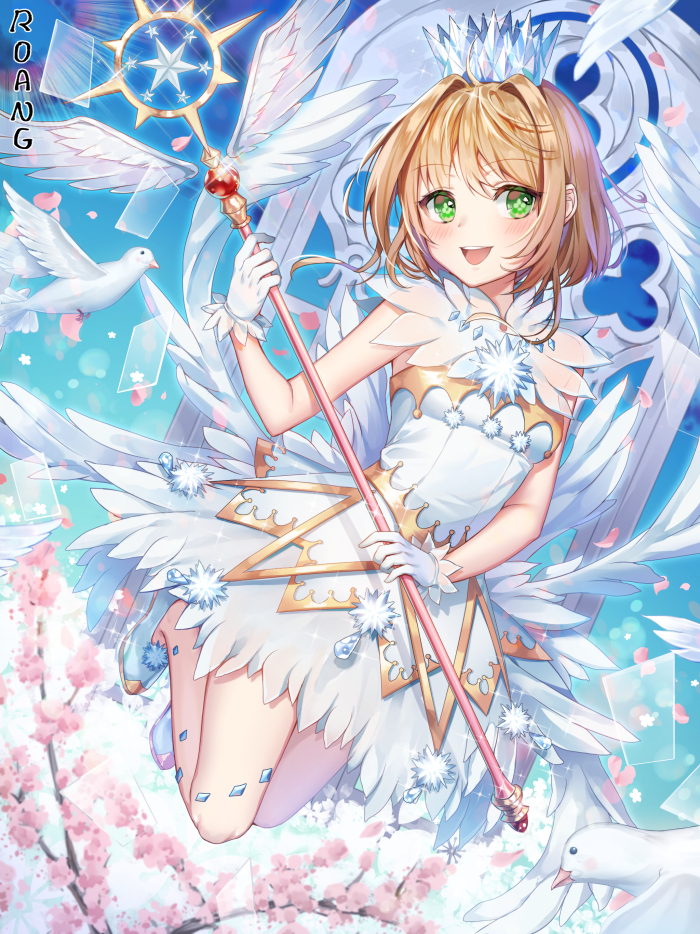:d bird blonde_hair blue_sky blush cardcaptor_sakura cherry_blossoms clear_card crown day dress eyebrows_visible_through_hair feathered_wings flower full_body gloves green_eyes holding holding_staff kinomoto_sakura looking_to_the_side open_mouth pink_flower pumps roang short_dress short_hair sky sleeveless sleeveless_dress smile solo staff symbol-shaped_pupils white_dress white_gloves white_wings wings yume_no_tsue